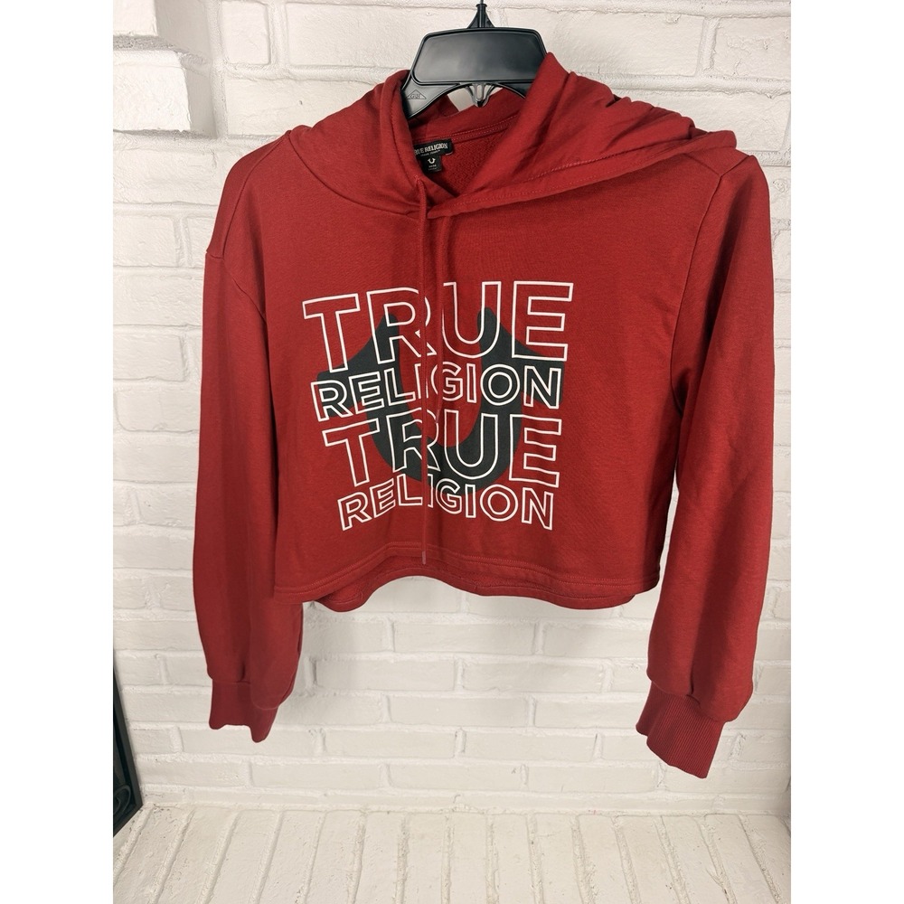 True Religion Womens M Red Cropped Hoodie Horseshoe Logo Y2K Streetwear